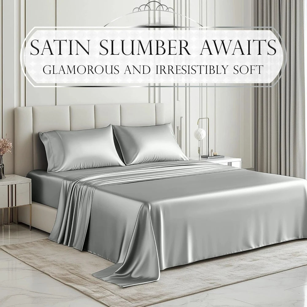 Luxury Satin Bed Sheets – 4-Piece Silky Queen Size Bedding Set, Wrinkle-Free with 15” Deep Pocket Fitted Sheet