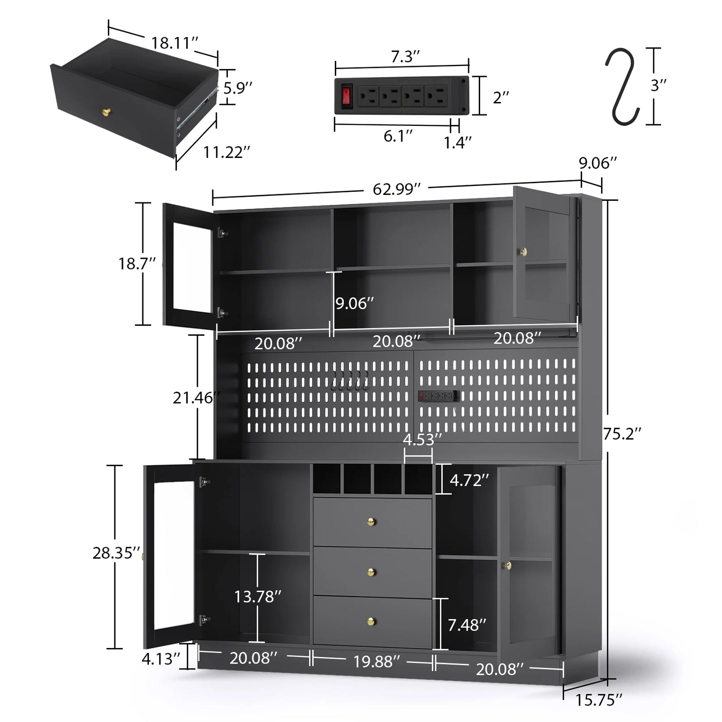 Pantry Cabinet – Freestanding Kitchen Storage Buffet Hutch with Pegboard, Cup Holder & Power Outlet, Black