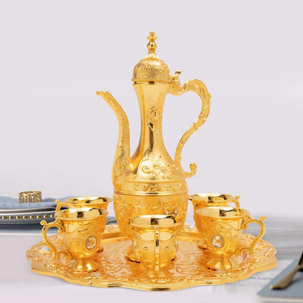 6-Piece Vintage Turkish Tea Set with Tray & Teapot – Large Capacity, Multi-Functional Metal Set for Tea, Coffee, or Wine (Gold)
