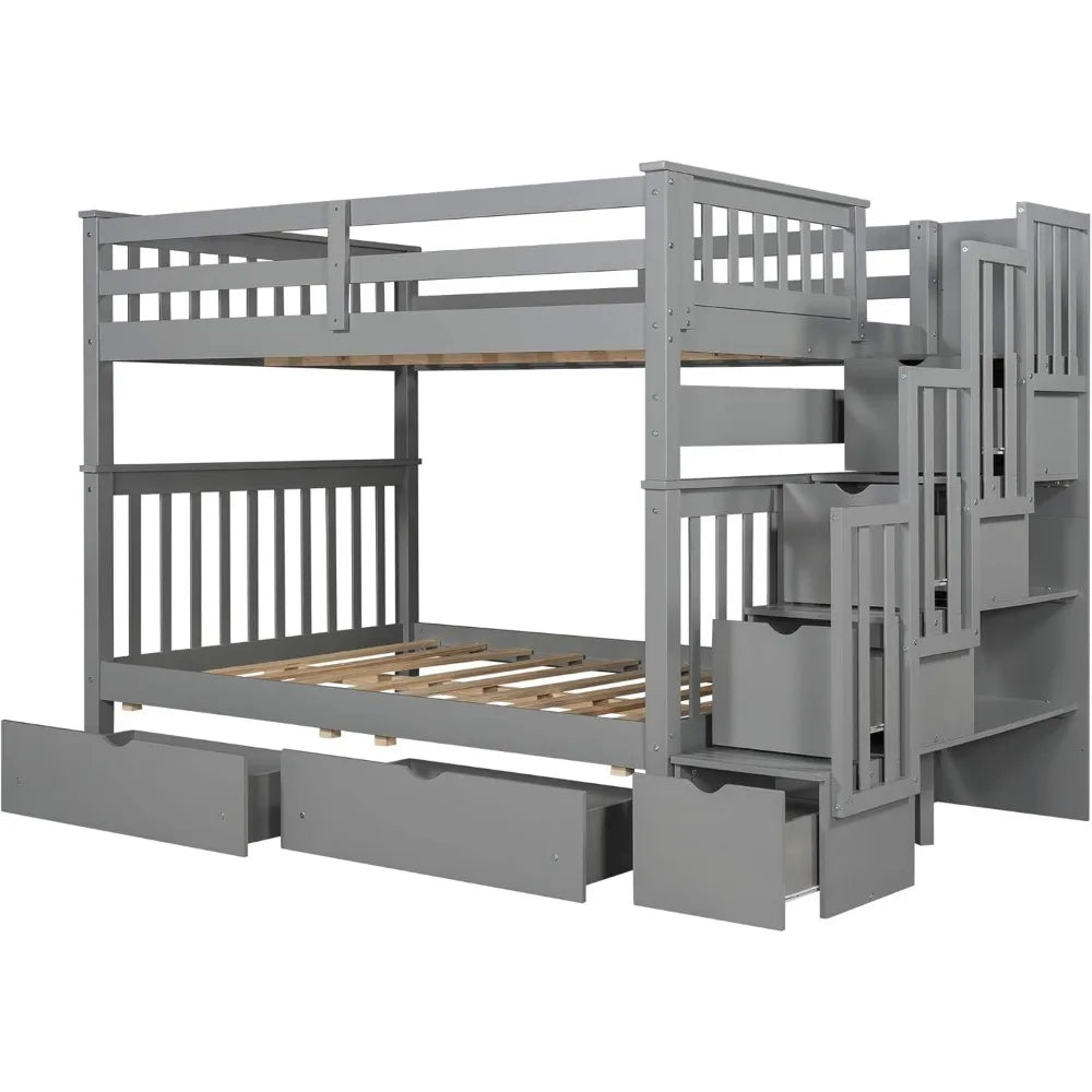 Full Over Full Bunk Bed with Staircase and Storage – Convertible Wood Bunk Bed Frame with Drawers, Shelves, Guardrails, and Solid Pine Construction