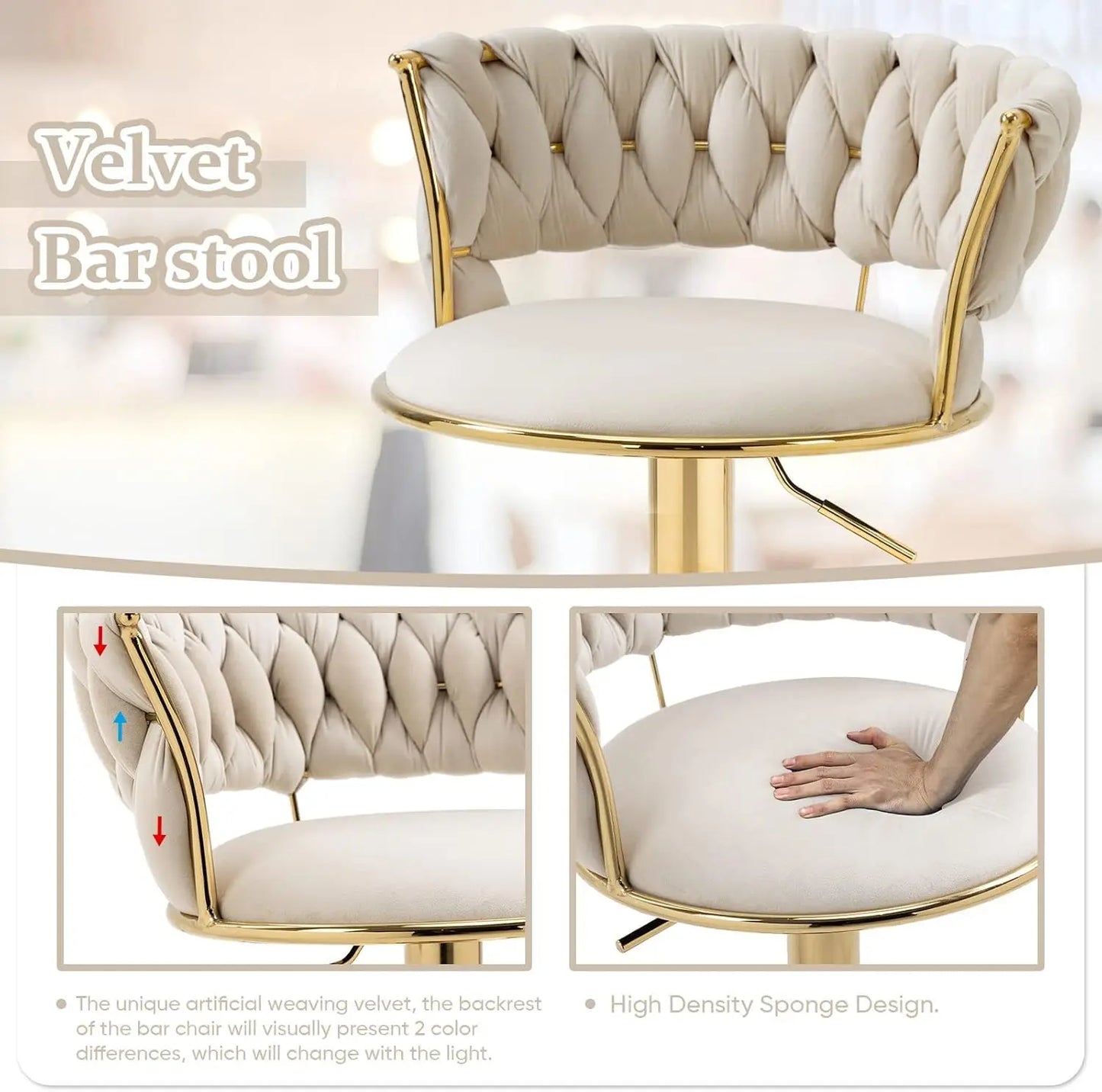 Swivel Velvet Bar Stools – Set of 3 Adjustable Counter Height Modern Bar Chairs