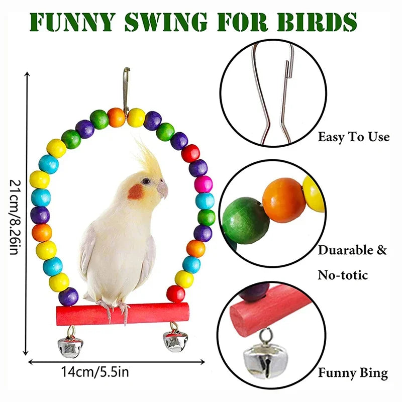 7PCS Wooden Bird Toy Set – Parrot Cage Accessories with Swing, Bells, Bridge, and Chew Toys