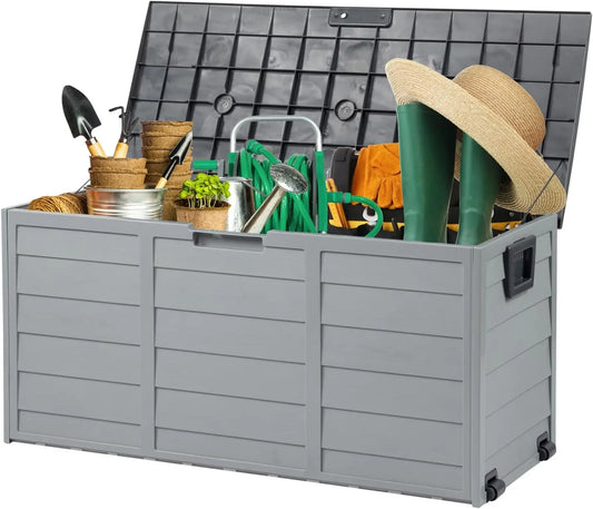 Upgraded 75-Gallon Outdoor Storage Box – Lockable Plastic Deck Box with Lid for Patio, Garden, Yard & Poolside