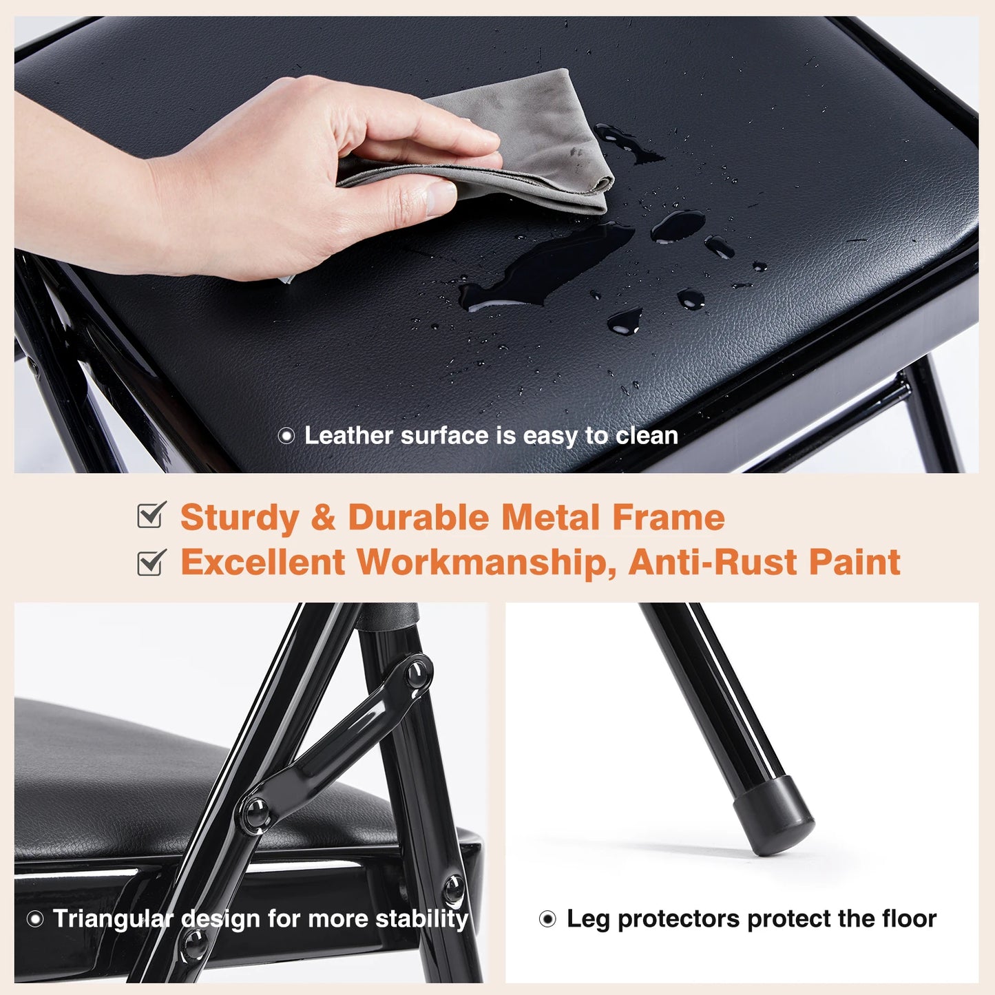 JHK Leather Padded Folding Chair 4-Pack – Sturdy Metal Frame, Comfortable Design for Home, Office, or Outdoor Use