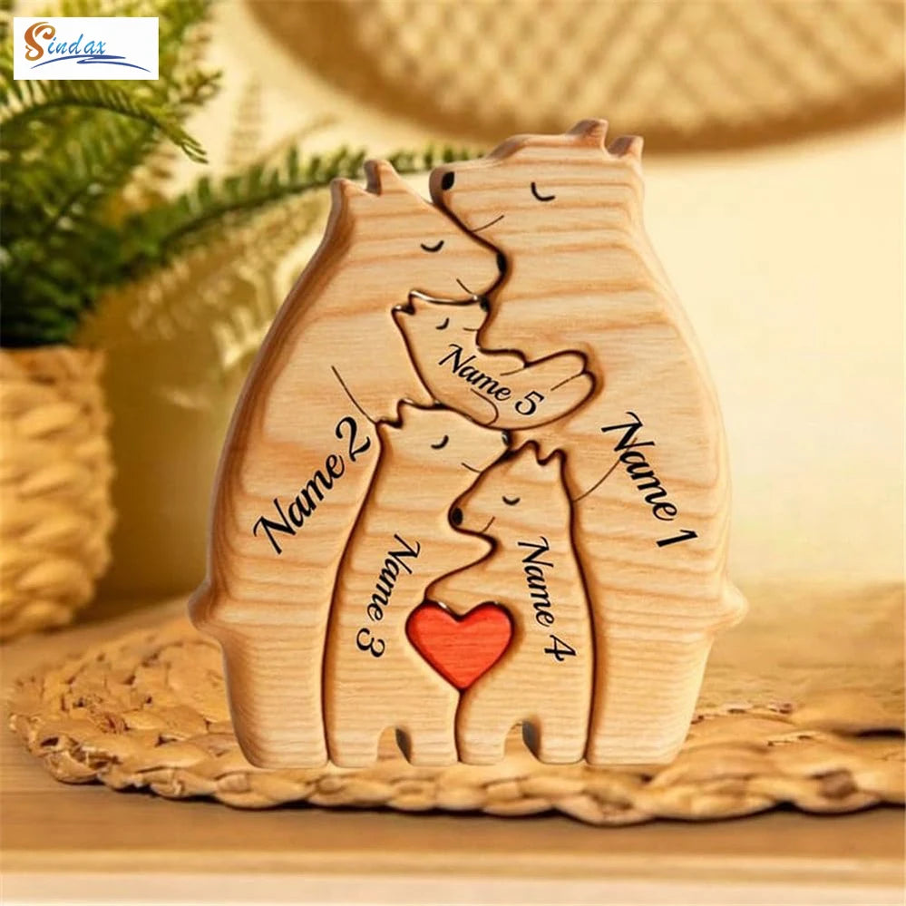Personalized Custom Bear Family Wooden Puzzle – DIY Name Engraved Sculpture Figurine for Home Desk Decor, Christmas & Birthday Gift