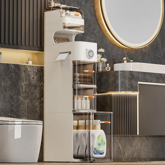 Slim Movable Bathroom Cabinet with Wheels – Plastic Storage Organizer with Drawers & Toilet Paper Holder for Small Spaces