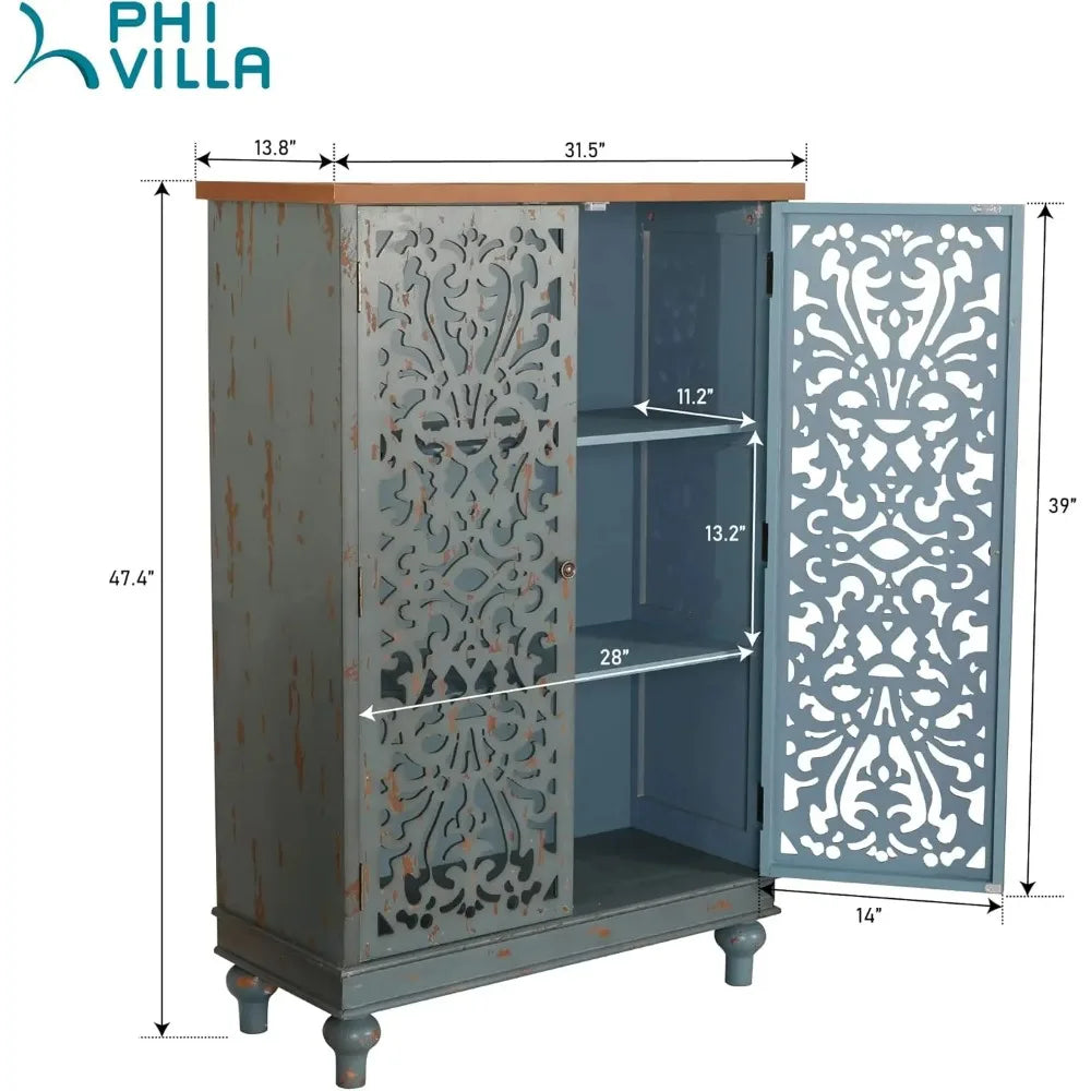 VILLA Tall Farmhouse Accent Cabinet with Hollow Carved Double Doors – Rustic Credenza for Living Room, Entryway, or Dining Storage