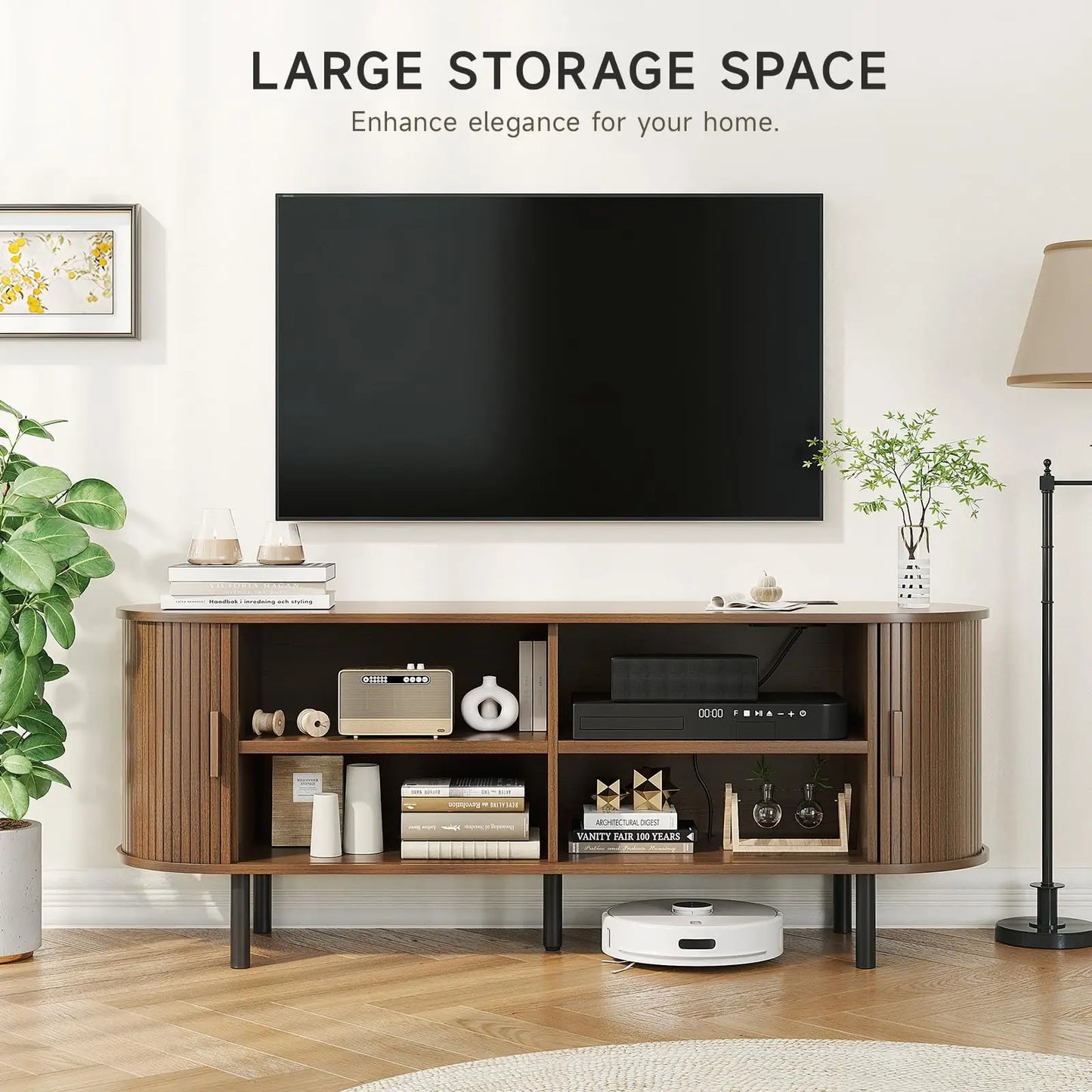 Modern TV Stand with Power Outlet – Entertainment Center with Sliding Doors, Adjustable Shelves & Storage for TVs up to 60/70"