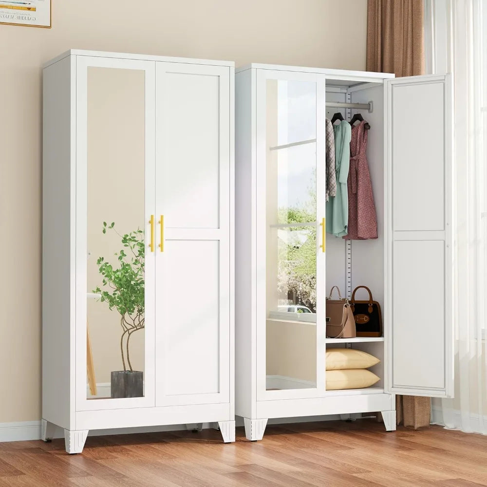 71" Metal Armoire Wardrobe with 2 Mirrored Doors – Adjustable Shelves, Hanging Rod & Safety Anchor | Modern Storage Cabinet for Bedroom, Office & Laundry Room