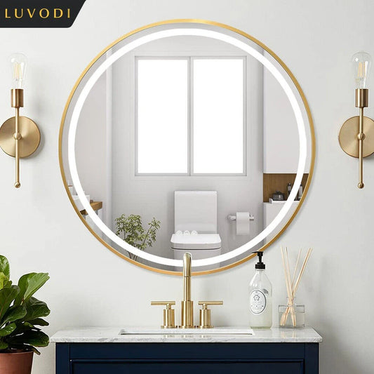 LUVODI Round Dimmable LED Bathroom Mirror – Fogless Smart Mirror with Black Gold Frame & Detachable Hanging Rope