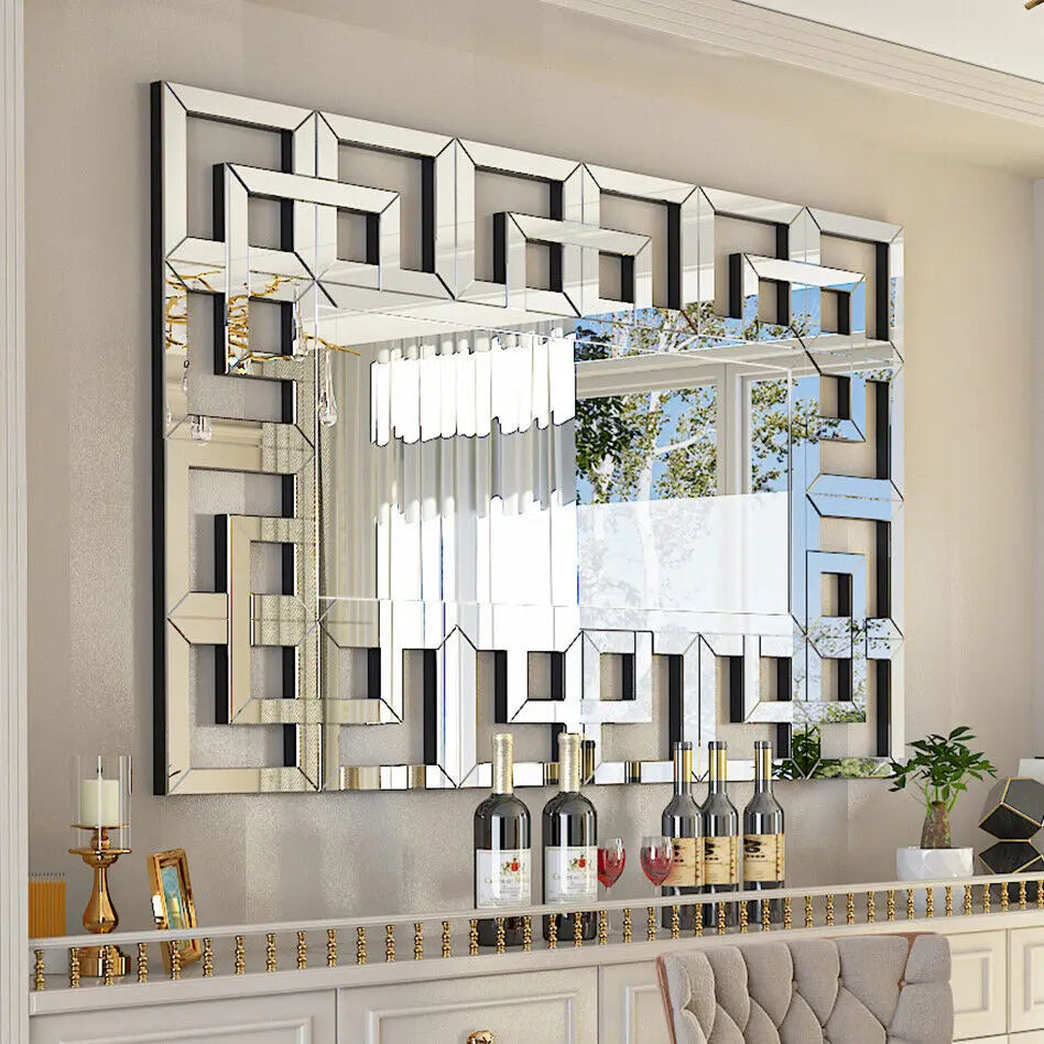 Luxury Silver Geometric Wall Mirror – Rectangular Beveled Glass Accent Mirror for Living Room, Bedroom, or Entryway