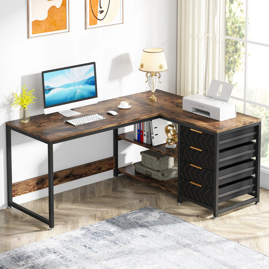 Tribesigns 59" L-Shaped Computer Desk – Reversible Corner Desk with Storage Drawers & Shelves