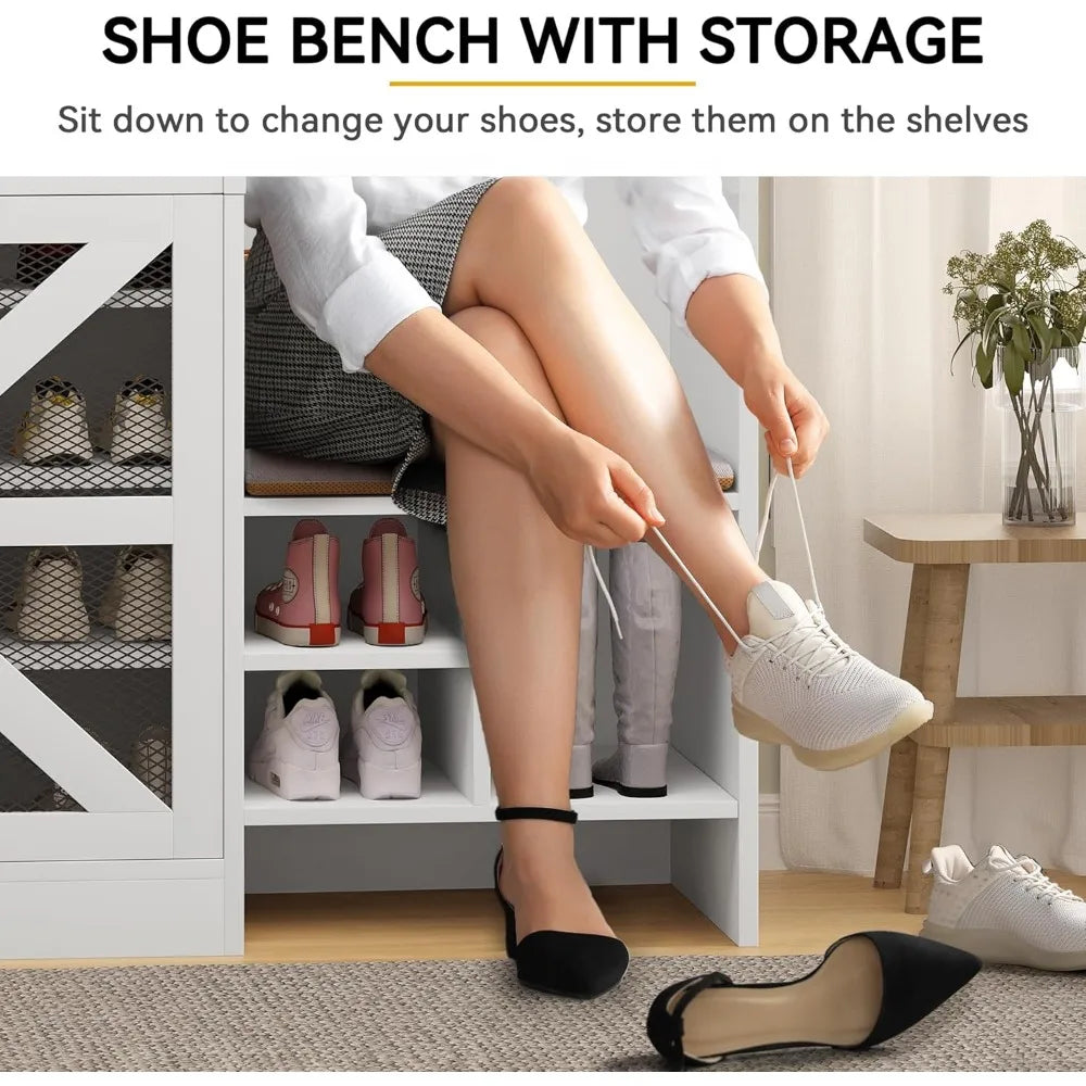 Farmhouse Hall Tree with Bench – Entryway Mudroom Organizer with 18 Shoe Cubbies, 12 Coat Hooks & Storage Bench