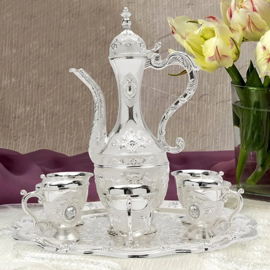 Vintage Turkish Tea & Coffee Set – Silver Metal Set for Home Decor, Birthday, Christmas, Wedding, Restaurant & Hotel Use