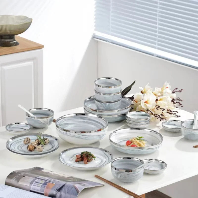 Marble Ceramic Porcelain  With Silver Rim Dinnerware Set