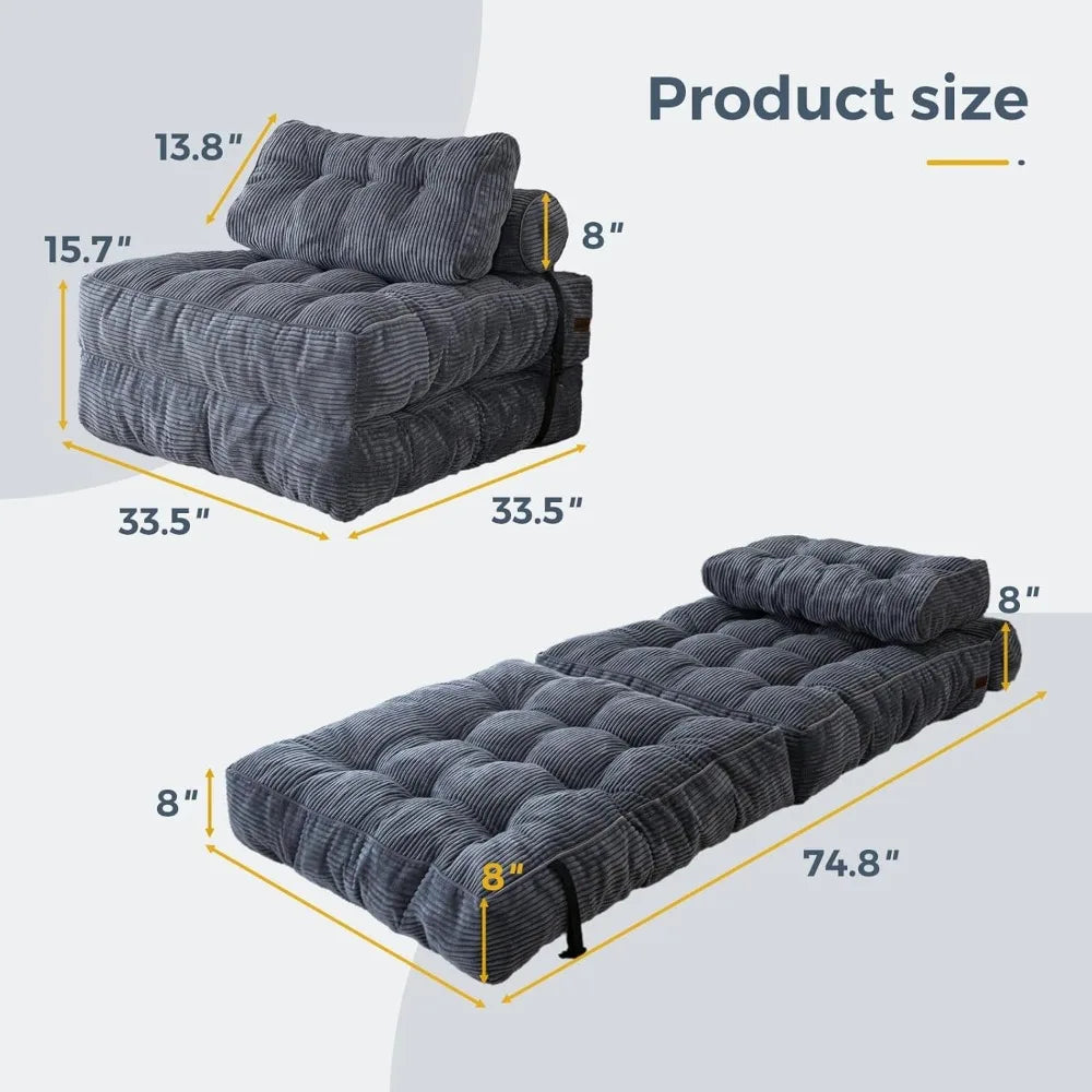 Folding Sofa Bed – Portable Sleeper Chair with Pillow & Mattress, Back Support, Comfy Floor Sofa Lounge
