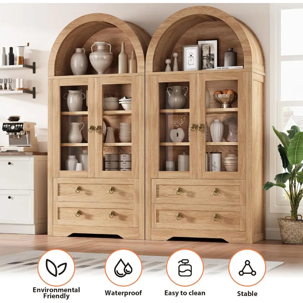 Upgraded Kitchen Pantry Cabinet with Arched Bookshelf – Storage Cabinet with Doors for Kitchen, Dining Room, or Living Room