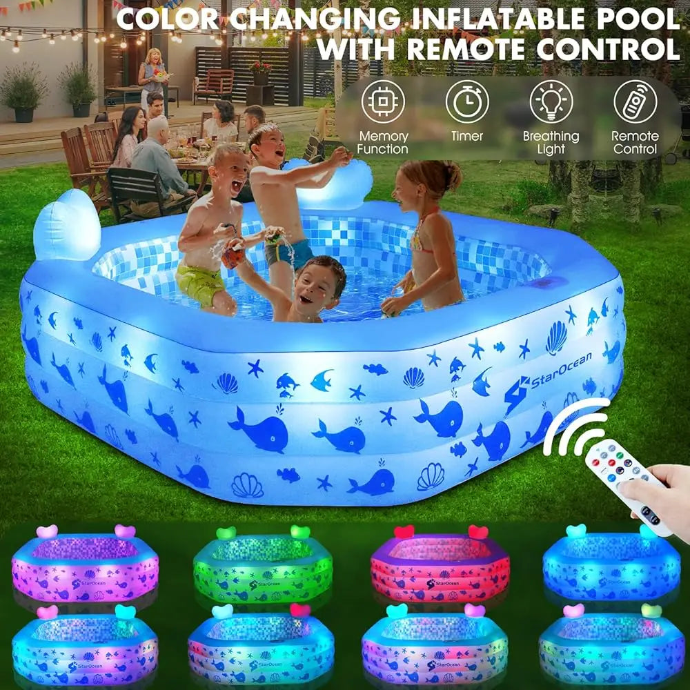 Inflatable Solar-Powered Swimming Pool with LED Lights & Remote Control – Large Blow-Up Pool for Kids & Adults