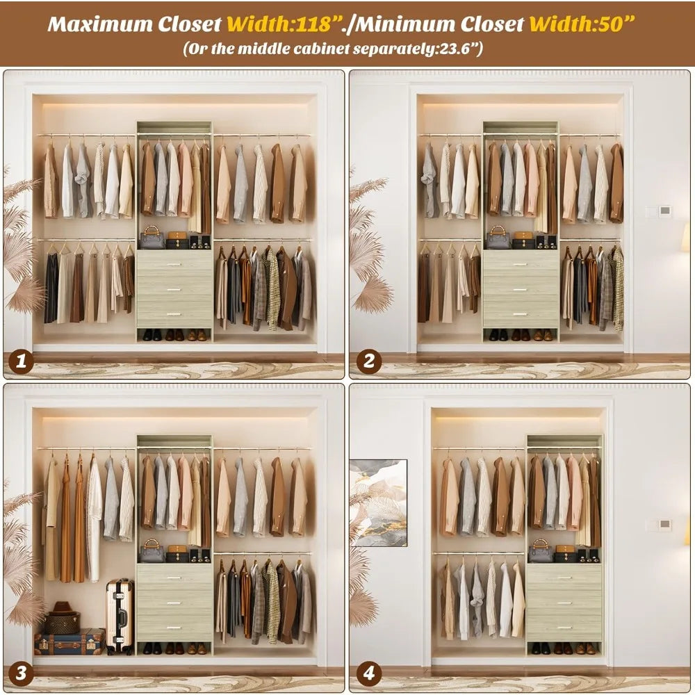 Closet Organizer System with 3 Wooden Drawers – Walk-in Wardrobe Organizer for Home Storage