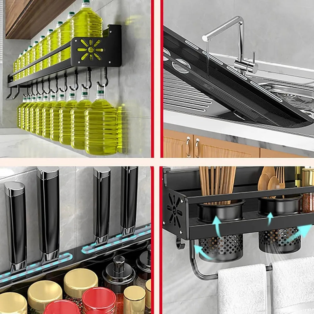 Wall-Mounted Kitchen Organizer Shelf – Multifunctional Spice Rack with Knife Holder, Utensil Hooks & Seasoning Storage