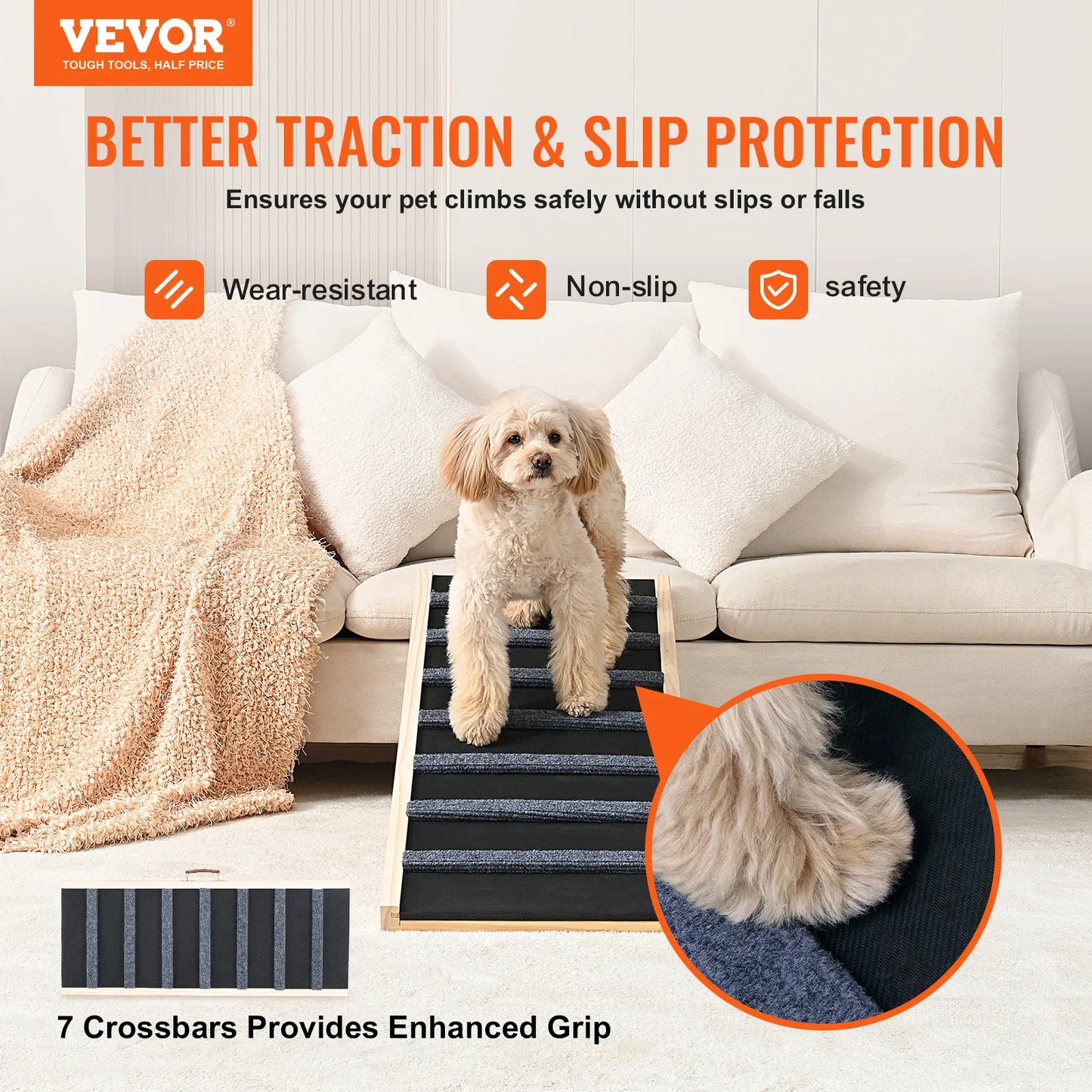 VEVOR Folding Wooden Dog Ramp – Adjustable Height, Anti-Slip Surface, Portable Pet Ladder for Small & Senior Dogs – Perfect for Stairs, Sofa, Car, and Bed Access