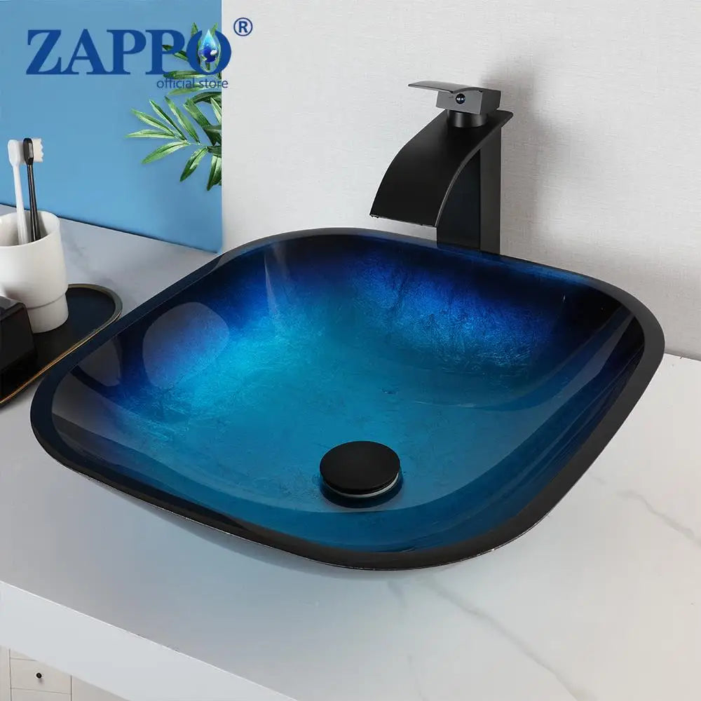 ZAPPO Blue Tempered Glass Bathroom Vessel Sink with Waterfall Black Faucet – Oval Above-Counter Basin Set