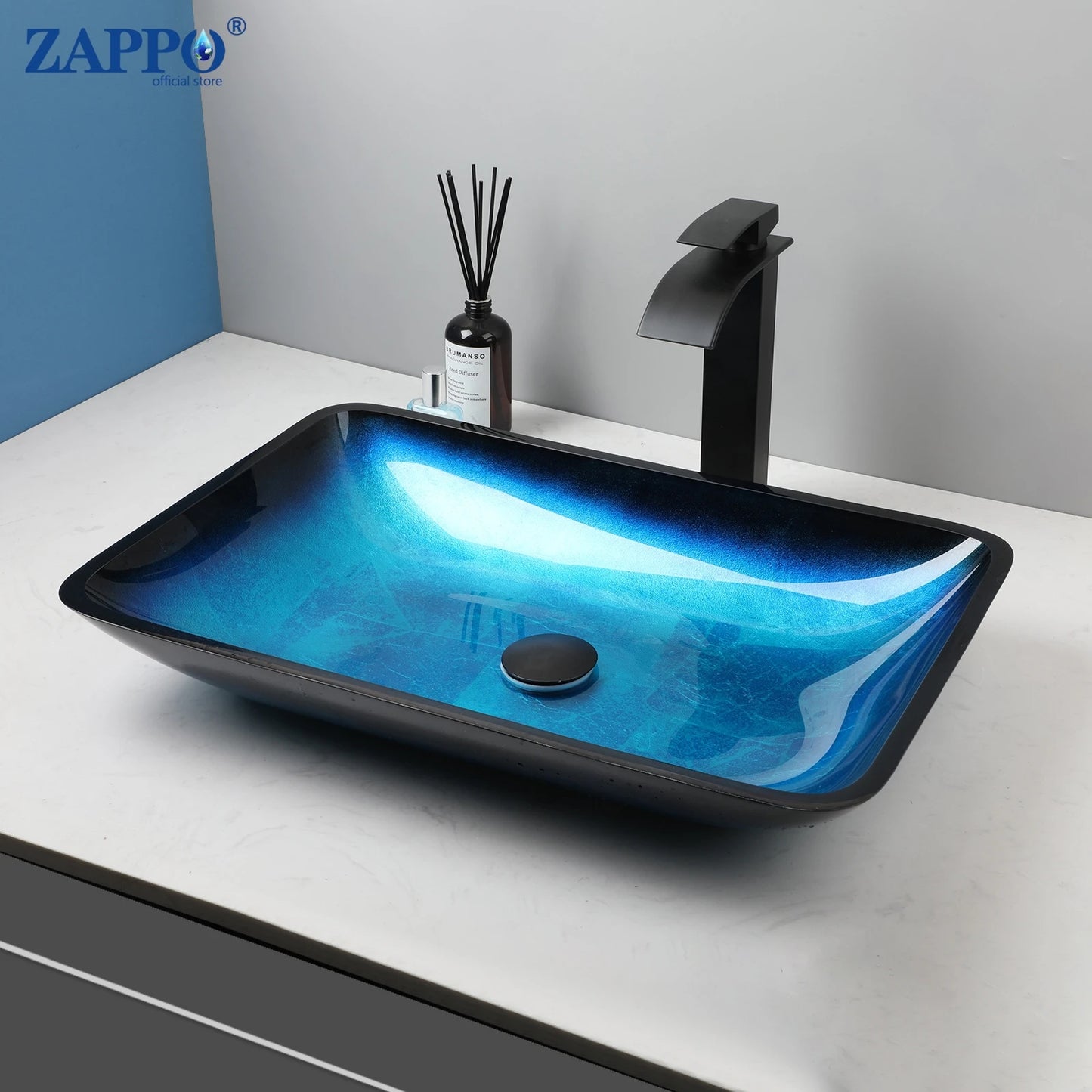 ZAPPO Blue Tempered Glass Bathroom Vessel Sink with Waterfall Black Faucet – Oval Above-Counter Basin Set