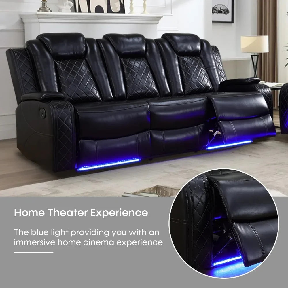 Theater Style Power Leather Recliner and Sofa Set with USB Ports and Storage Console