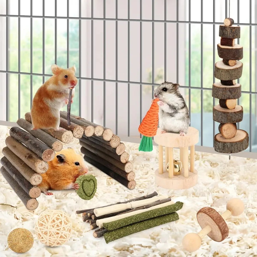 12-Piece Hamster Cage Accessories Set – Natural Wooden Chew Toys, Seesaw, Hideout, Climbing Toys for Guinea Pigs, Chinchillas, Gerbils, Mice, Rats, Rabbits & Bunnies