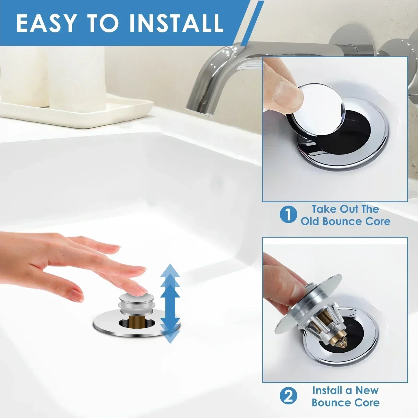 2Pcs Universal Sink Plug with Strainer – Copper Push Pop-Up Sink Stopper for Bathroom or Kitchen, Fits 27.5–58mm Drain Holes
