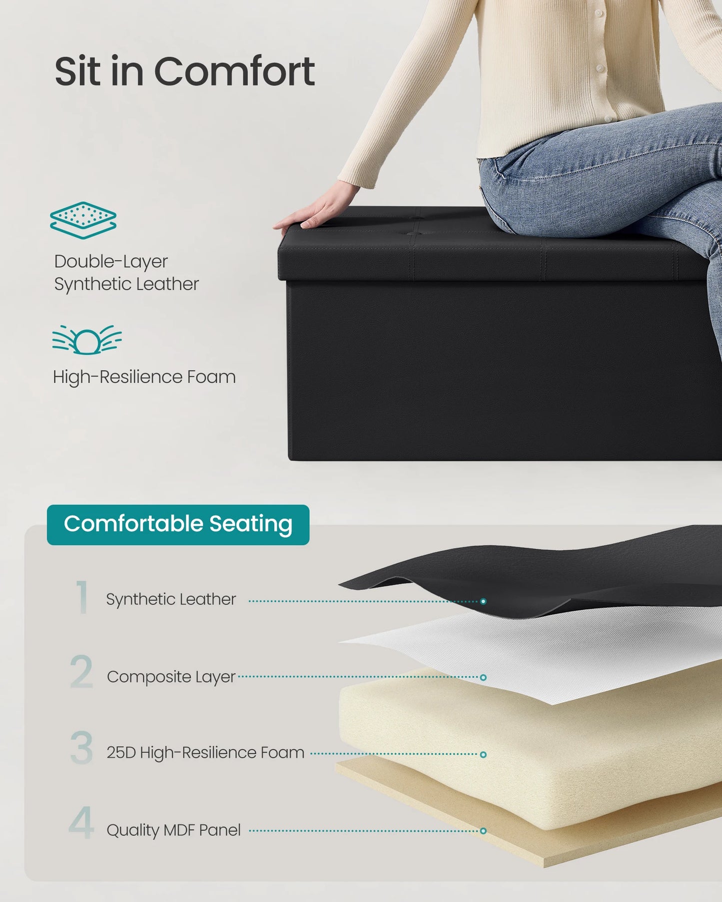 SONGMICS 43” Folding Storage Ottoman Bench – Versatile Storage Chest, Footrest & Coffee Table