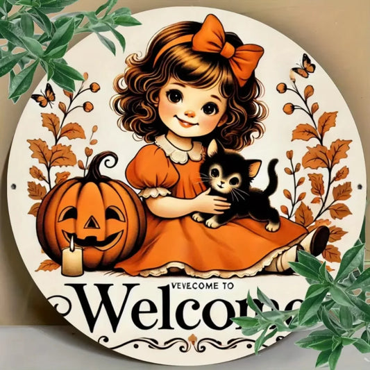 “Charming Black Girl & Autumn Kitty” 8x8" Iron Metal Wall Art – Decorative Plate for Bars, Cafés, Clubs & Home Décor
