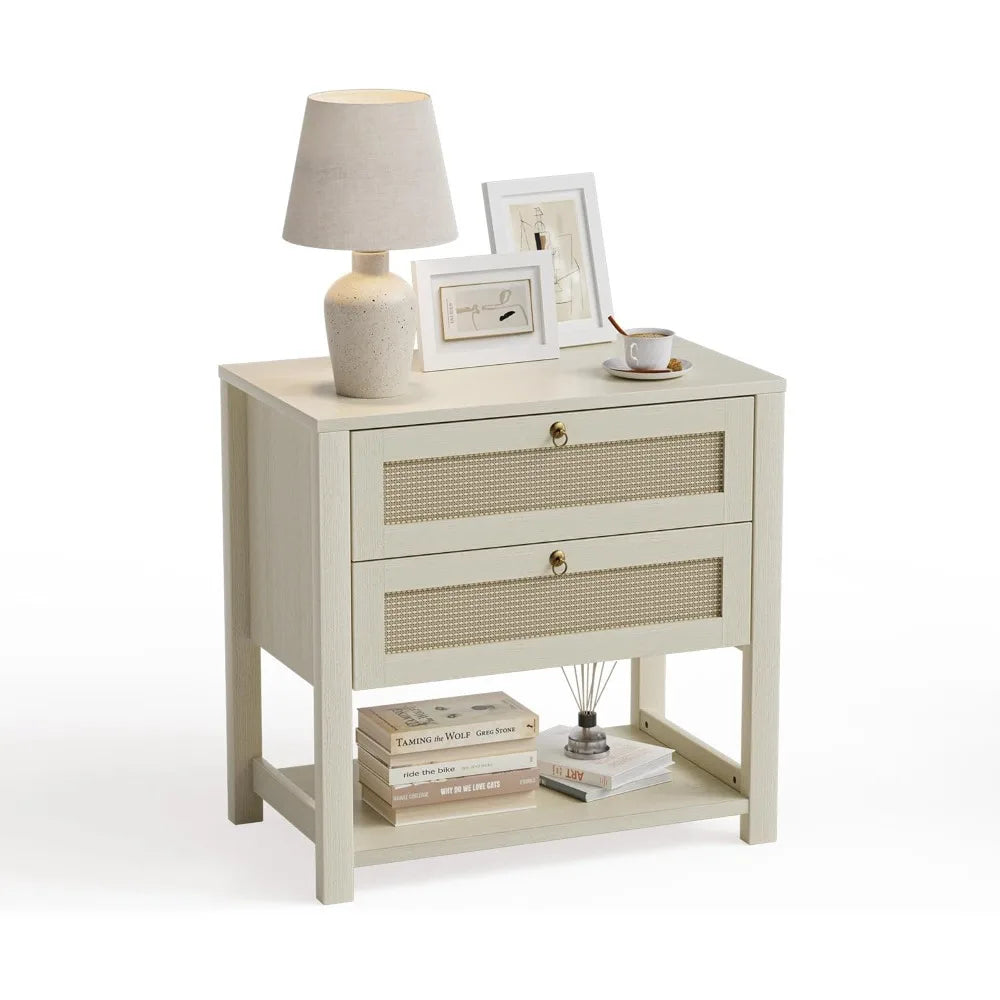 Boho Rattan Nightstand with Drawers & Open Shelf – Elegant Country-Style Bedside Table for Bedroom, Living Room, or Apartment