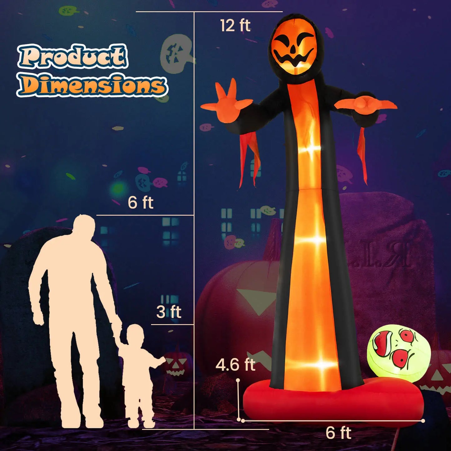 12FT Giant Halloween Inflatable Grim Reaper Ghost with Scary Skull – Outdoor Blow Up Yard Decoration with LED Lights, Stakes & Ropes