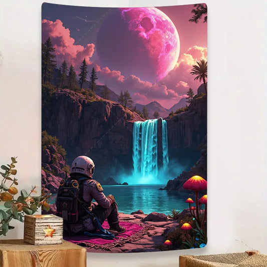 Futuristic Astronaut Wall Tapestry – Glowing Waterfall & Pink Moon, Sci-Fi Home Décor for Bedroom, Living Room, or Dorm