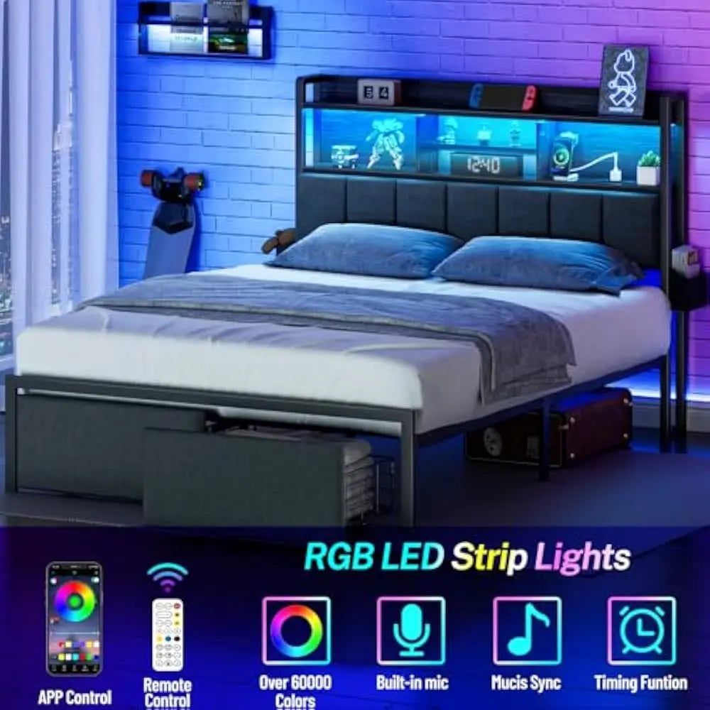 LED Queen Size Bed Frame with Storage Drawers & Charging Station – Metal Platform Bed with Headboard, No Box Spring Needed