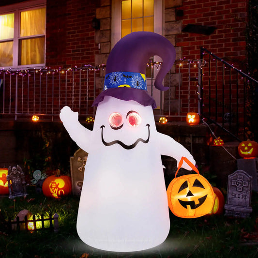 6 Ft Halloween Inflatable – Cute Ghost with Jack-O’-Lantern & Witch Hat, Airblown Yard Decor