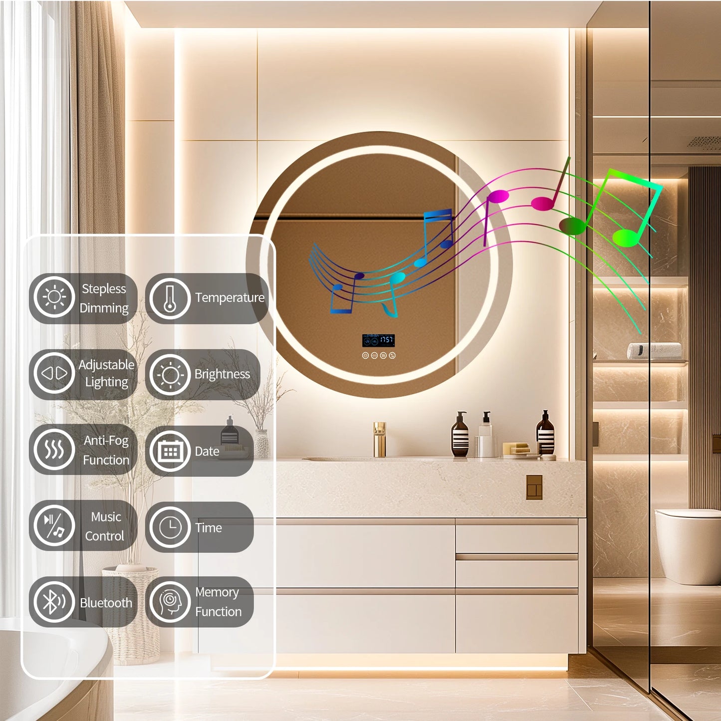 Wisfor 32"x32" LED Bathroom Mirror with Lights – Wall-Mounted, Bluetooth Speaker, Anti-Fog, 3-Color Dimmable Light & Memory Function