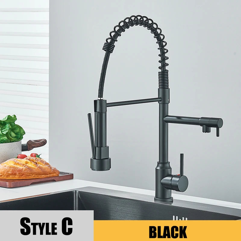 Black Pull Down Kitchen Faucet – 2-Mode Dual Spout Hot & Cold Water Mixer, 360° Swivel, Deck-Mounted Flexible Sink Tap