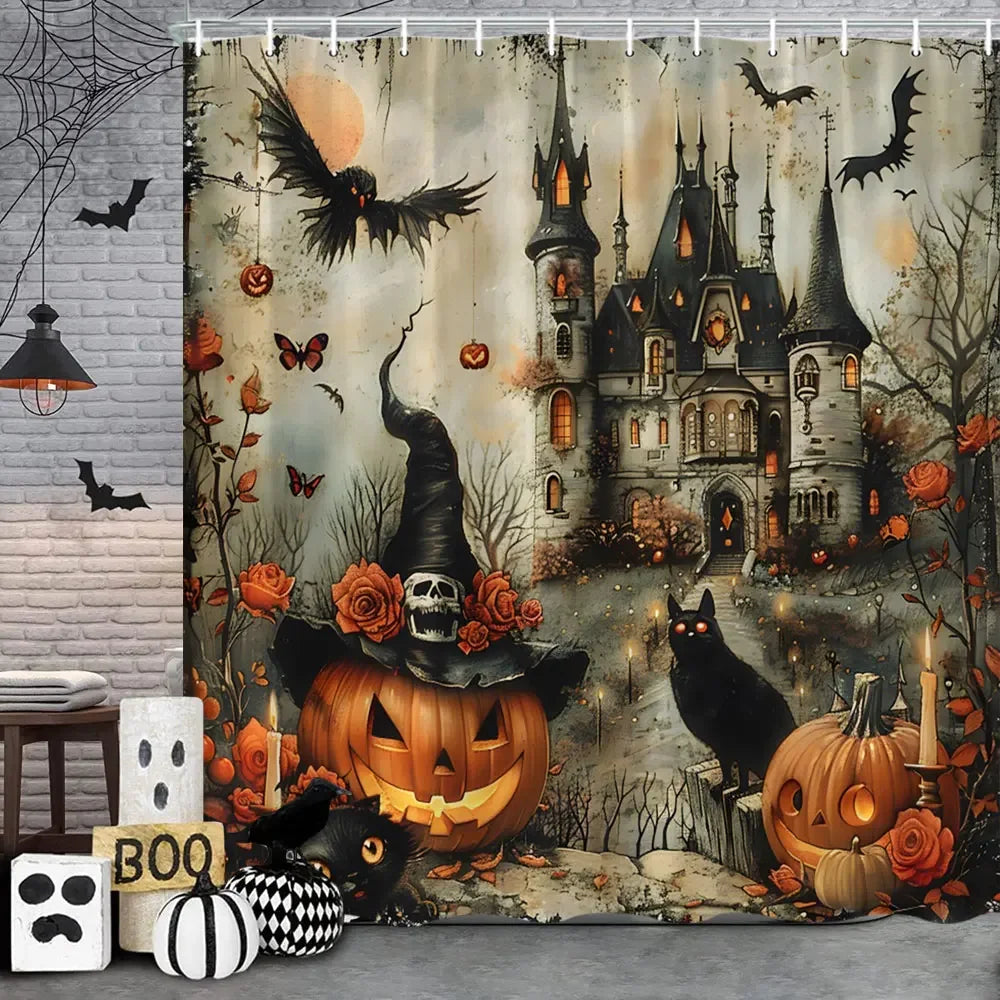 🦇 Spooky Halloween Skeleton & Crow Shower Curtain – Gothic Black Cat & Bat Design with Hooks