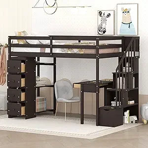 Full Size Loft Bed with Stairs, Storage Shelves & Bookshelf – Wooden Loft Bed Frame with Built-In Lights, Space-Saving Design for Kids, Teens, and Adults
