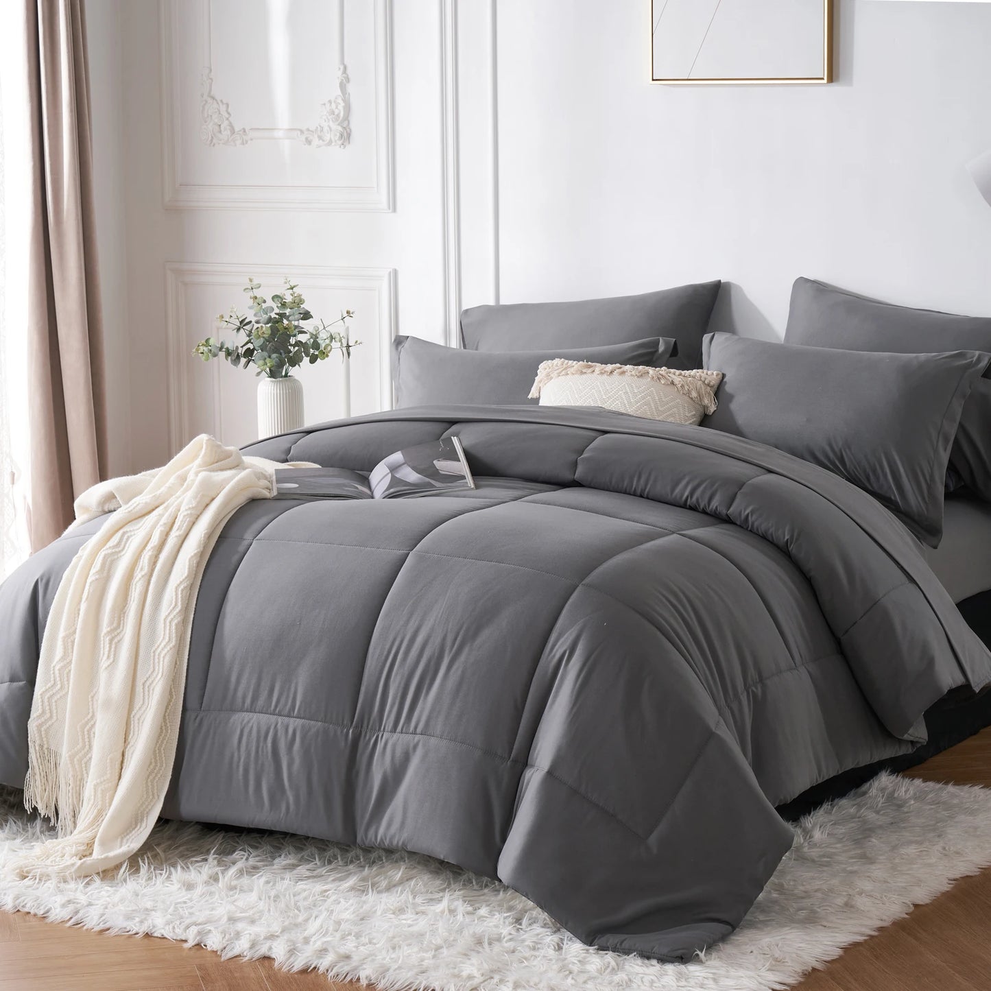 7-Piece Queen Bed-in-a-Bag Comforter Set – Stylish Solid Geometry Comforter, Sheets & Pillowcases