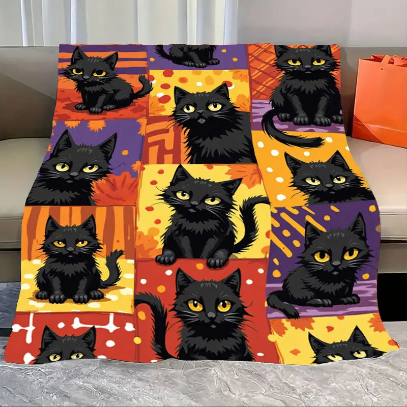 1pc Flannel Blanket Cozy Halloween Black Cat Blanket with Autumn Leaves Pattern for Home Decor