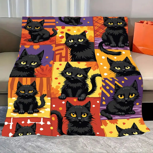 1pc Flannel Blanket Cozy Halloween Black Cat Blanket with Autumn Leaves Pattern for Home Decor