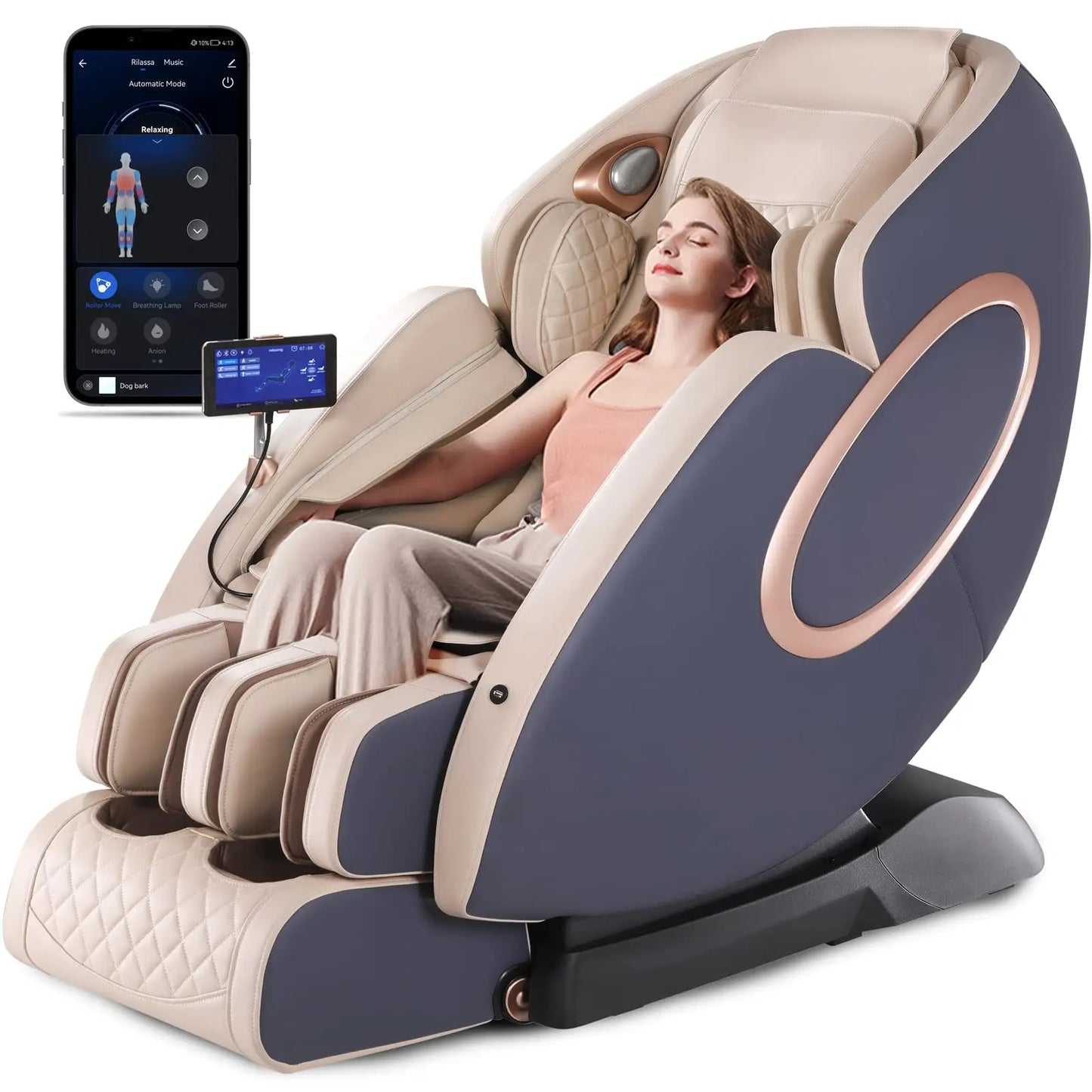 APP-Controlled 4D Zero Gravity Massage Chair – SL-Track Full Body Shiatsu Recliner with Bluetooth, Heating, Thai Stretch, Foot Rollers & Anion Purifier (Blue + Khaki)