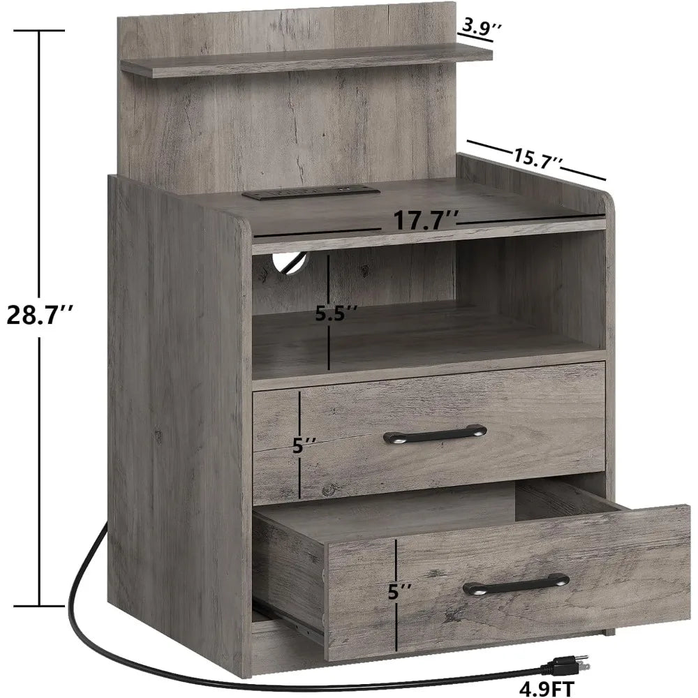 Set of 2 Nightstands with LED Lights & Charging Station – Modern Bedside Tables with Drawers, USB Ports & Open Storage