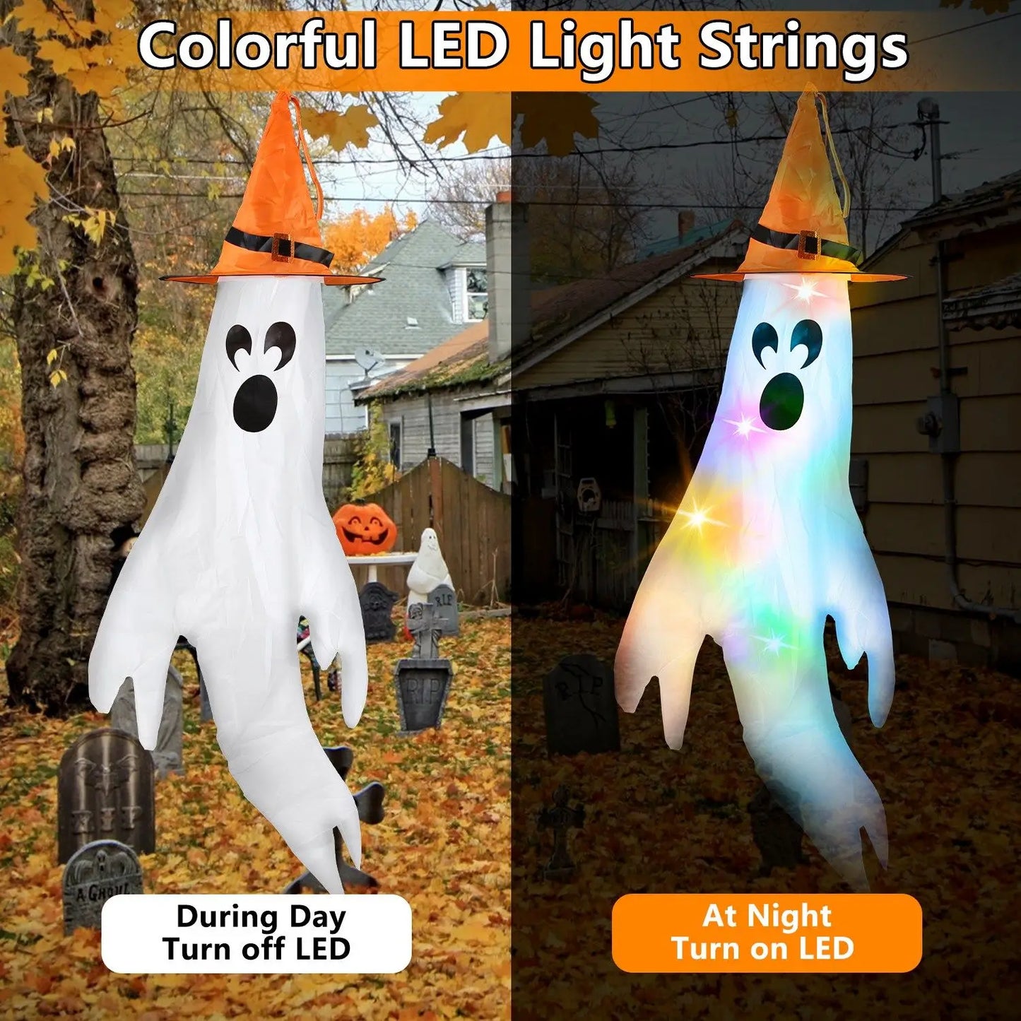 4PCS Halloween Ghost Windsocks with Witch Hats – Hanging LED Lighted Outdoor Decorations for Yard, Trees, and Porch