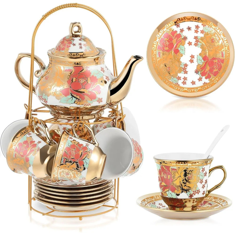 Elegant Ceramic Tea Party Set for Adults – European Floral Teapot, Teacup, Saucer & Spoon Set – Large Fresh Style