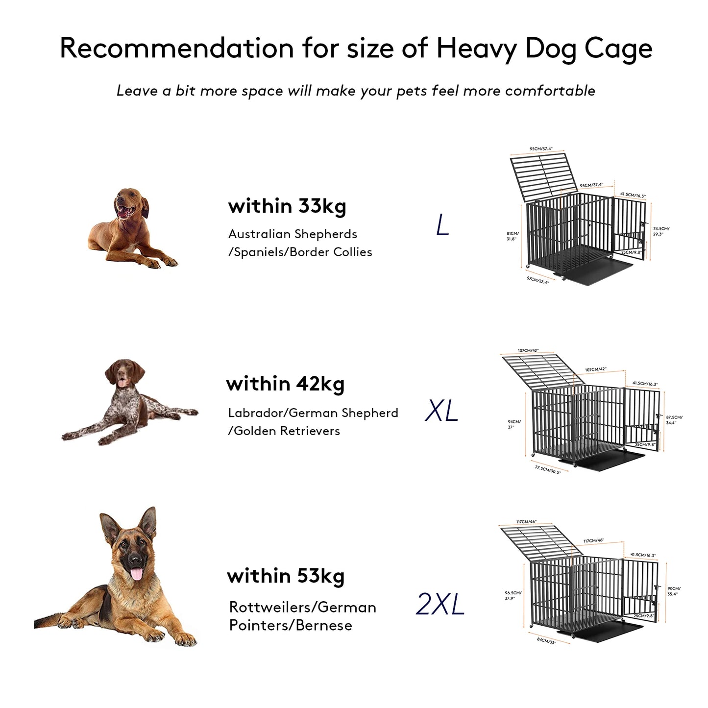 Heavy Duty Dog Crate with Wheels – L/XL/XXL Metal Pet Kennel with 3 Doors & Removable Tray