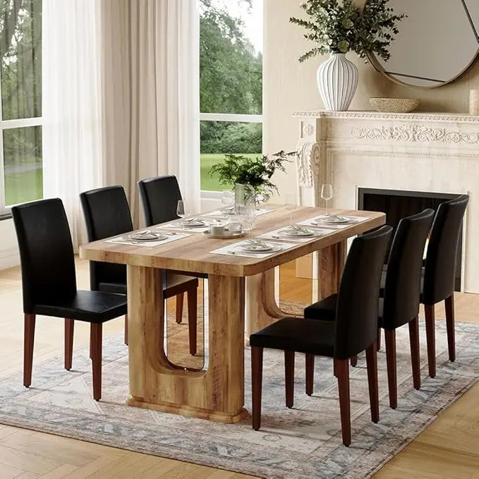64.5" Modern Farmhouse Dining Table Set for 6 – Wood Dining Table with Decorative Pedestal Legs & 6 Cushioned Chairs